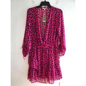 NWT NIZA Women Fuschia Pink w/Purple Animal Print Faux Wrap Semi Sheer size 44